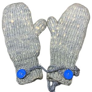 Vintage Hand Knit Mittens Gray Blue Wool Lined O/S Cozy Warm Gloves